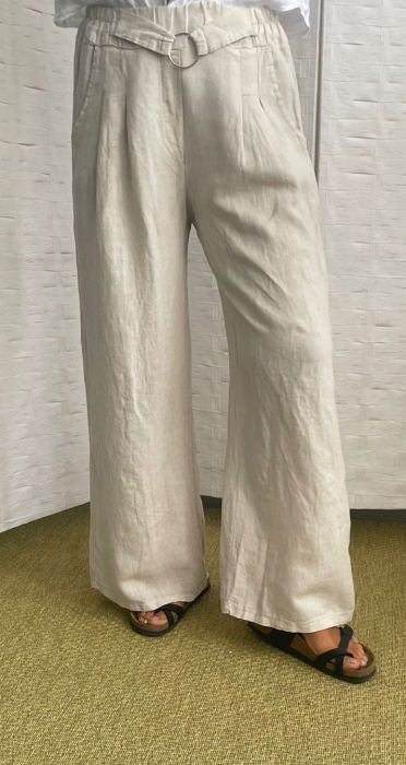 Pantaloni largi de vara din in, cu cerc metalic, bej [3]