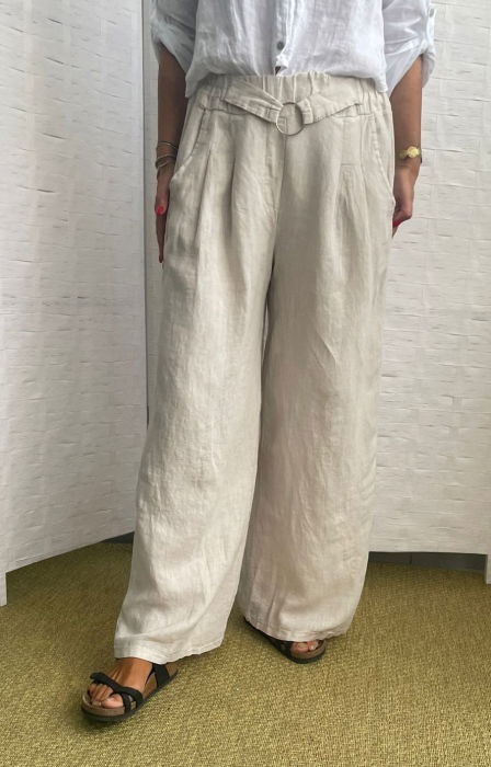 Pantaloni largi de vara din in, cu cerc metalic, bej [4]