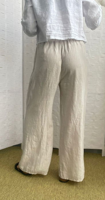 Pantaloni largi de vara din in, cu cerc metalic, bej [7]