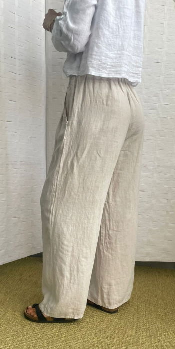 Pantaloni largi de vara din in, cu cerc metalic, bej [6]