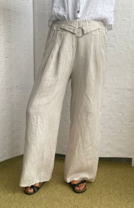 Pantaloni largi de vara din in, cu cerc metalic, bej