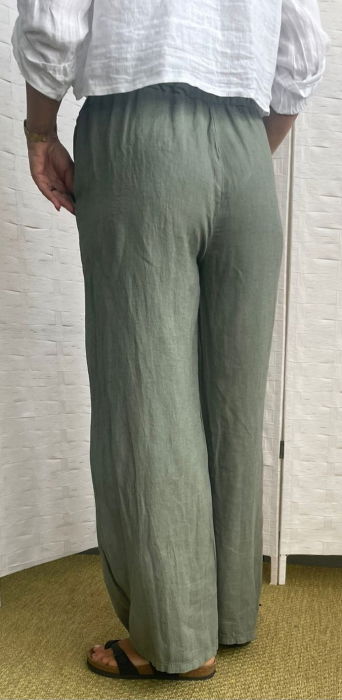 Pantaloni largi de vara din in, cu cerc metalic, kaki [2]