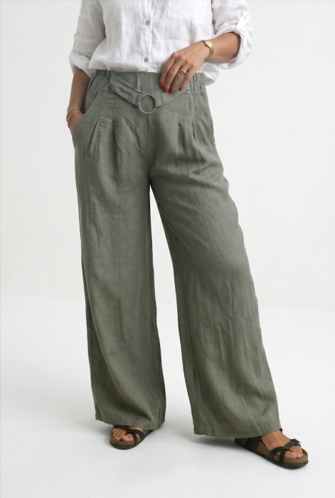 Pantaloni largi de vara din in, cu cerc metalic, kaki
