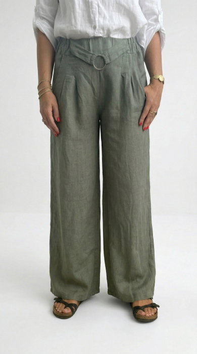 Pantaloni largi de vara din in, cu cerc metalic, kaki