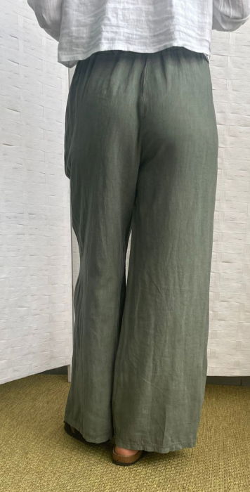 Pantaloni largi de vara din in, cu cerc metalic, kaki [3]