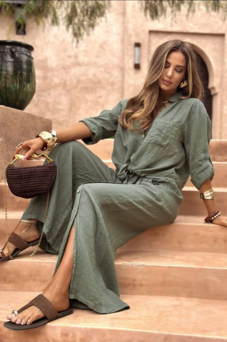 Pantaloni largi de vara, din in, cu nasturi decorativi din lemn pe picior, kaki [2]