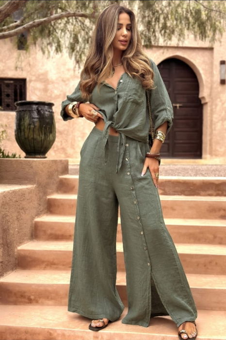 Pantaloni largi de vara, din in, cu nasturi decorativi din lemn pe picior, kaki [5]