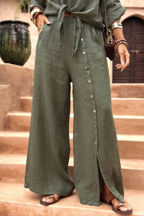 Pantaloni largi de vara, din in, cu nasturi decorativi din lemn pe picior, kaki [4]