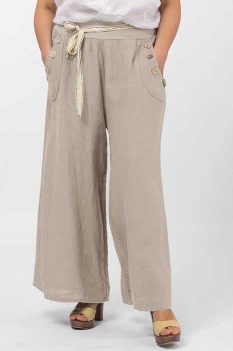 Pantaloni largi de vara, din in, cu nasturi din lemn la buzunare, bej