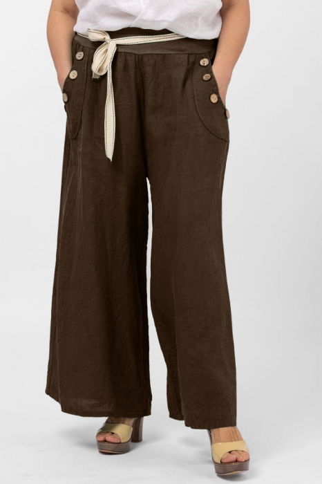 Pantaloni largi de vara, din in, cu nasturi din lemn la buzunare, maron