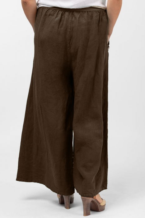 Pantaloni largi de vara, din in, cu nasturi din lemn la buzunare, maron [3]