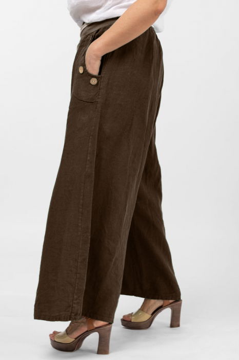 Pantaloni largi de vara, din in, cu nasturi din lemn la buzunare, maron [2]
