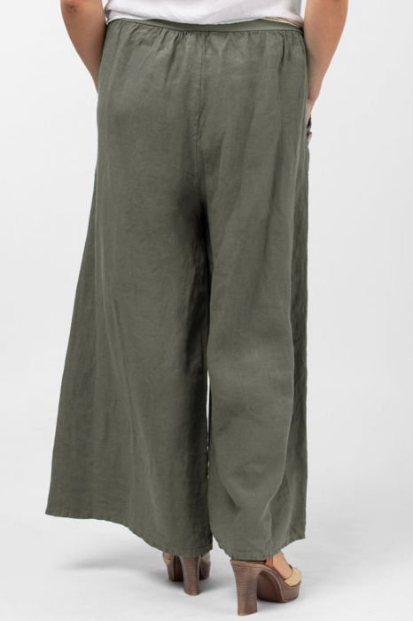 Pantaloni largi de vara, din in, cu nasturi din lemn la buzunare, kaki [3]