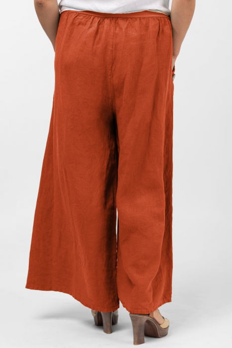 Pantaloni largi de vara, din in, cu nasturi din lemn la buzunare, caramiziu [3]