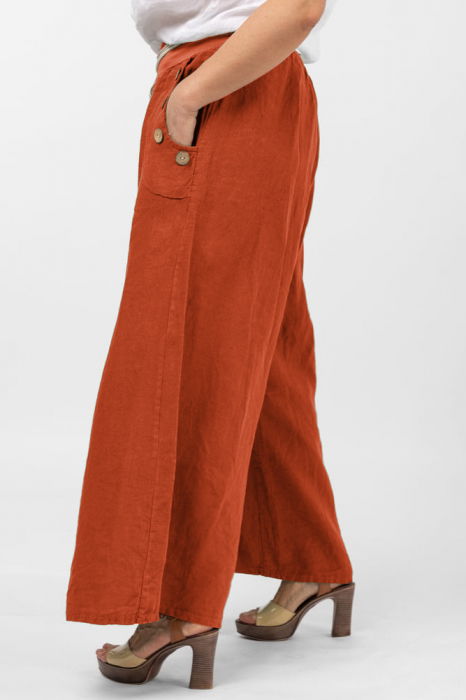 Pantaloni largi de vara, din in, cu nasturi din lemn la buzunare, caramiziu [2]