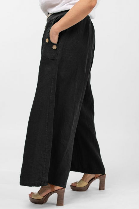 Pantaloni largi de vara, din in, cu nasturi din lemn la buzunare, negri [2]