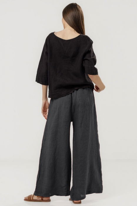 Pantaloni largi de vara, din in gri inchis cu croi lejer si curea din sfoara [3]