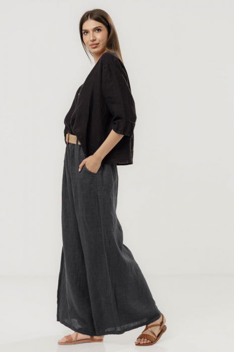 Pantaloni largi de vara, din in gri inchis cu croi lejer si curea din sfoara [2]