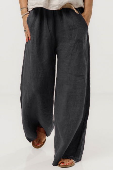 Pantaloni largi de vara, din in gri inchis cu croi lejer si curea din sfoara [4]
