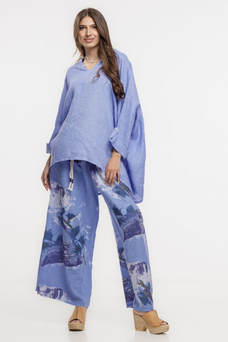 Pantaloni largi de vara, masura mare, din in albastru lavanda cu imprimeu flori albastre [5]