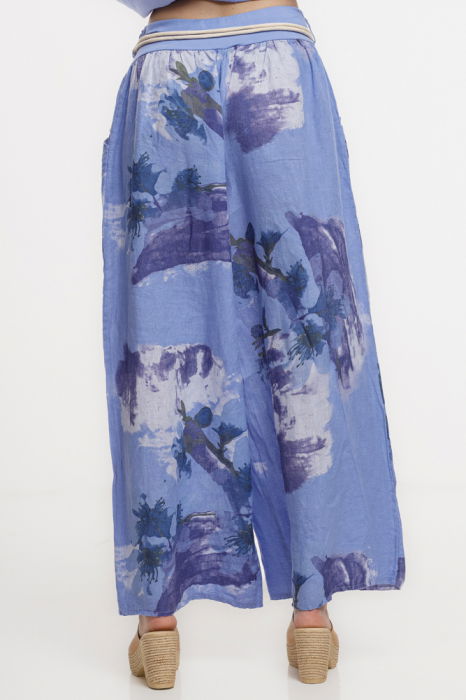 Pantaloni largi de vara, masura mare, din in albastru lavanda cu imprimeu flori albastre [4]