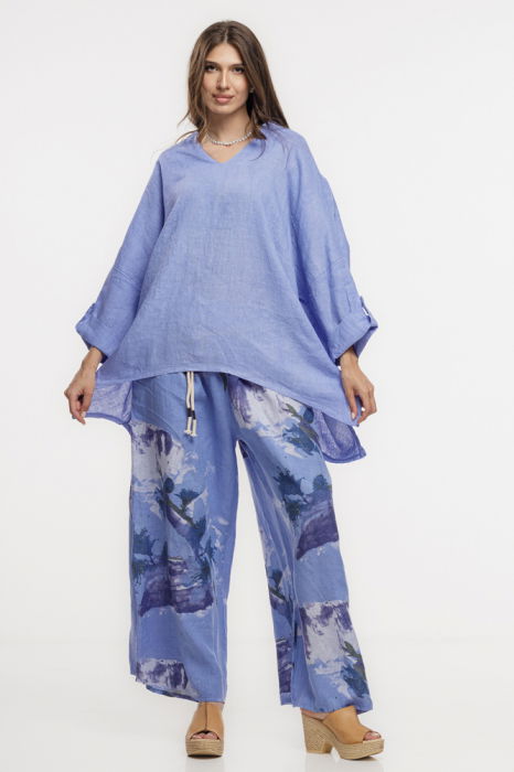 Pantaloni largi de vara, masura mare, din in albastru lavanda cu imprimeu flori albastre [8]