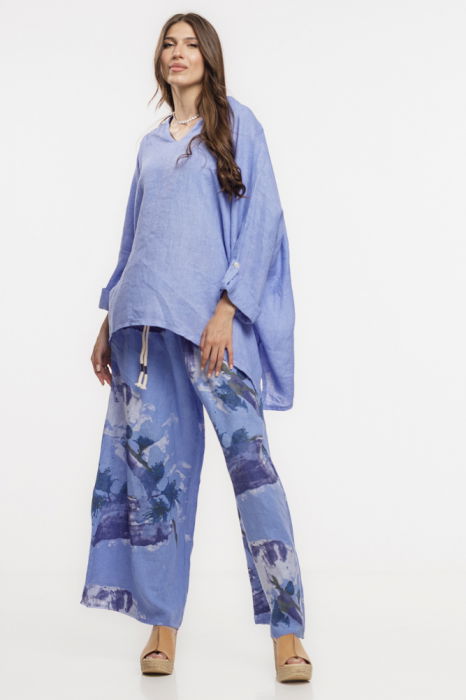 Pantaloni largi de vara, masura mare, din in albastru lavanda cu imprimeu flori albastre [6]