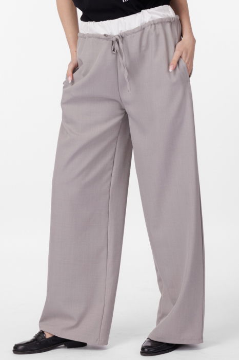 Pantaloni largi si drepti cu betelie din satin alb si snur, gri [4]