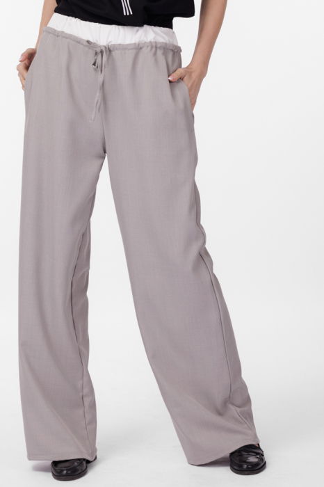 Pantaloni largi si drepti cu betelie din satin alb si snur, gri [3]