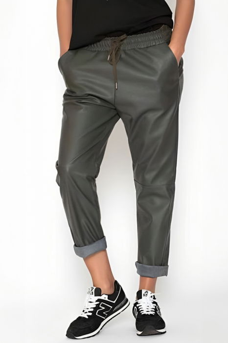 Pantaloni lungi kaki din piele ecologica cu snur in talie [8]