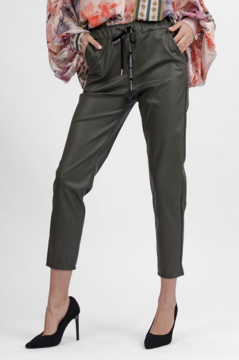 Pantaloni lungi kaki din piele ecologica cu snur in talie [2]