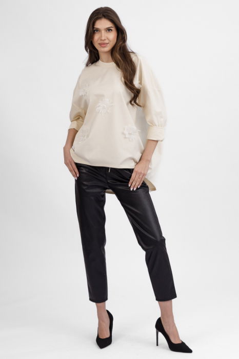 Pantaloni lungi negri din piele ecologica cu snur in talie [5]