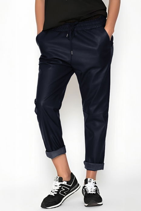 Pantaloni lungi bleumarin din piele ecologica cu snur in talie [1]