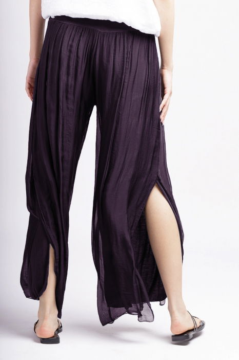 Pantaloni mov inchis din matase si vascoza, cu crapaturi laterale [3]