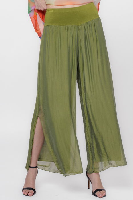 Pantaloni verde olive din matase si vascoza, cu crapaturi laterale