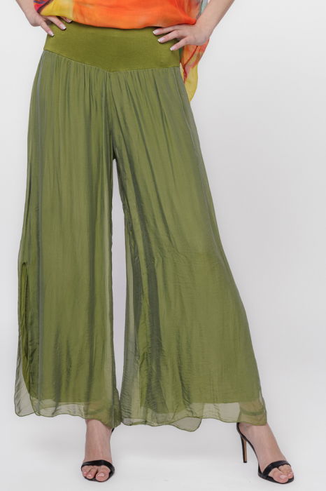 Pantaloni verde olive din matase si vascoza, cu crapaturi laterale [3]