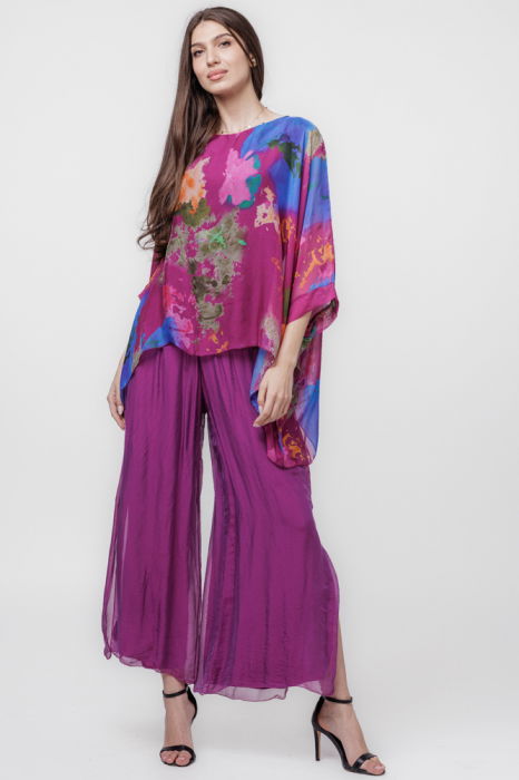 Pantaloni mov zmeura din matase si vascoza, cu crapaturi laterale [5]