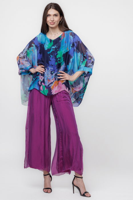 Pantaloni mov zmeura din matase si vascoza, cu crapaturi laterale [4]