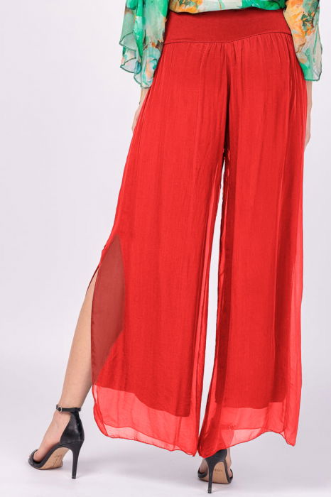 Pantaloni rosii din matase si vascoza, cu crapaturi laterale [3]