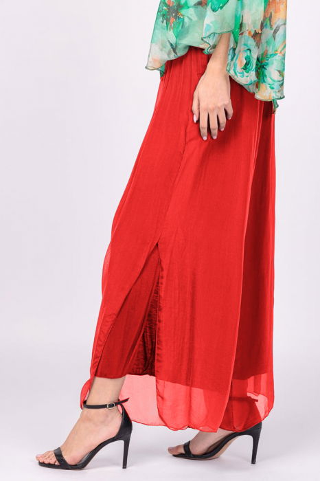 Pantaloni rosii din matase si vascoza, cu crapaturi laterale [2]