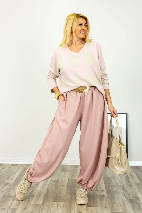 Pantaloni roz pudra cu crioala bufanta de efect [5]