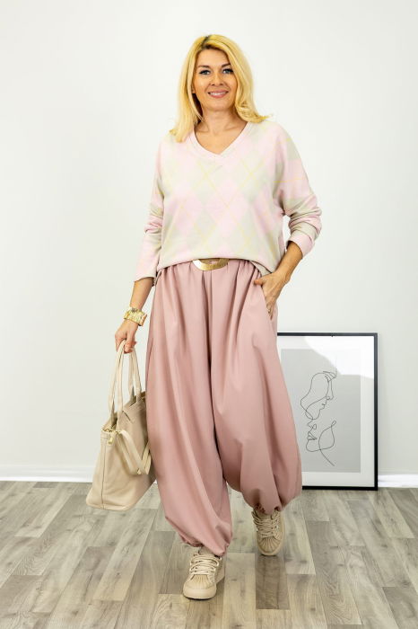 Pantaloni roz pudra cu crioala bufanta de efect [1]