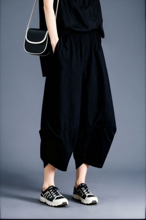 Pantaloni balon cu drapaj lateral, stil japonez, negri [2]