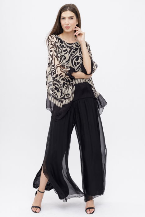 Pantaloni negri din matase si vascoza, cu crapaturi laterale [10]