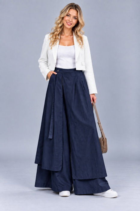 Pantaloni palazzo din bumbac cu panouri suprapuse si croi arhitectural, bleumarin