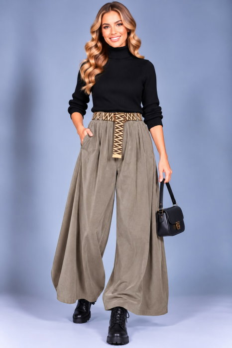 Pantaloni palazzo din catifea reiata de bumbac, cu pliuri ample si curea inclusa,bej inchis — Rosa 99, Pantaloni