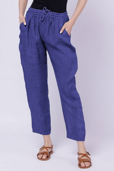Pantaloni pana din in, cu siret in talie, albastru [2]