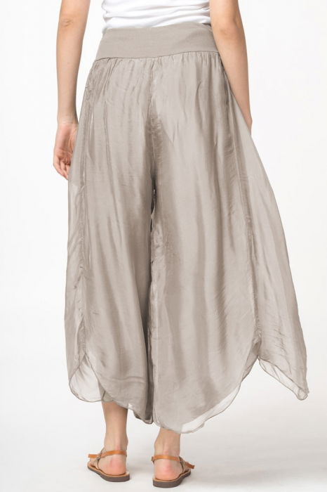 Pantaloni petrecuti din matase si vascoza bej fango, tip salvari [4]