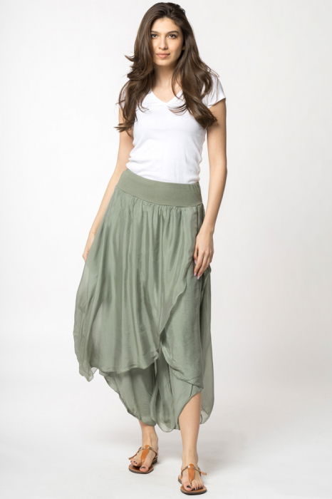 Pantaloni petrecuti din matase si vascoza kaki, tip salvari [2]