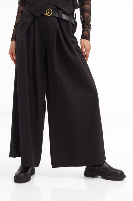 Pantaloni dama negri din stofa fina, palazzo, eleganti, cu talie inalta si curea [2]